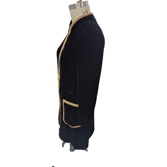 Vtg Black Velvet  Dress Coat Gold Trim Pockets Zipper down front 60s 70s Women L - Picture 4 of 4